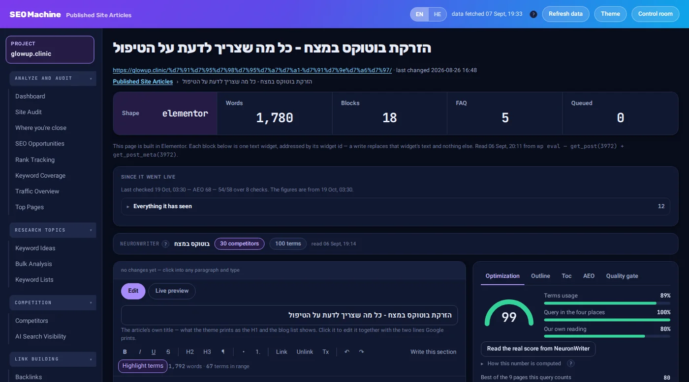 מאמר חי שנקרא מ-WordPress עם הבלוקים שלו ספורים ותאריך הבדיקה הלילית האחרונה.
